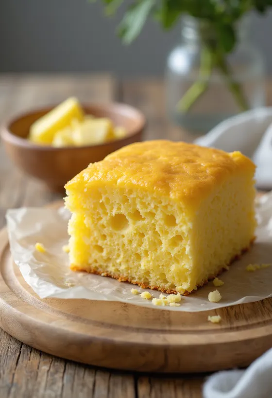 Tejjel készült cornbread szeletek, rusztikus tálalásban