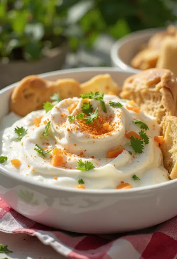 Fatteh joghurttal, pirított pita darabokkal, csicseriborsóval, tahinis joghurttal és pörkölt fenyőmaggal.