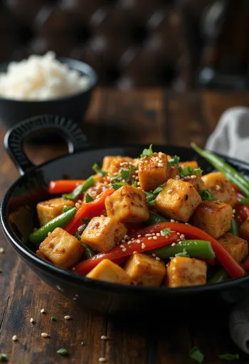 Frango Xadrez Vegano tálalva, tofuval és friss zöldségekkel