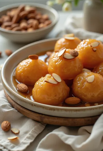 Gulab Jamun mandulával, rózsavizes szirupban tálalva.