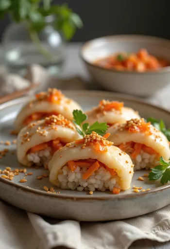 Inarizushi kimchivel, gazdag és fűszeres japán étel szezámmaggal megszórva