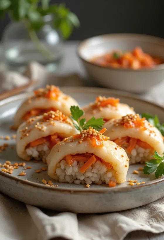 Inarizushi kimchivel, gazdag és fűszeres japán étel szezámmaggal megszórva