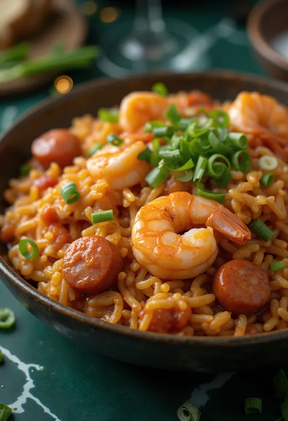 Jambalaya rákokkal és kolbásszal, gazdag fűszerezésű rizses egytálétel