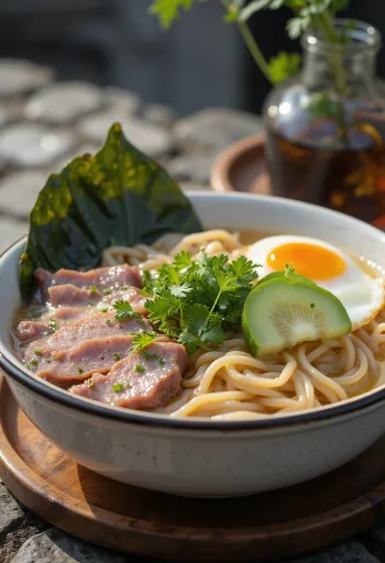 Jinju Naengmyeon, koreai hideg tészta pirospaprika pasztával és friss zöldségekkel