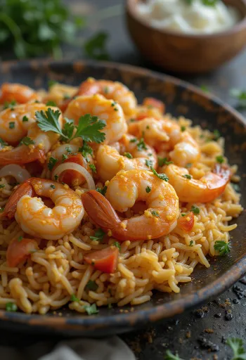 Kabsa garnélával, fűszeres étel rizs és garnéla