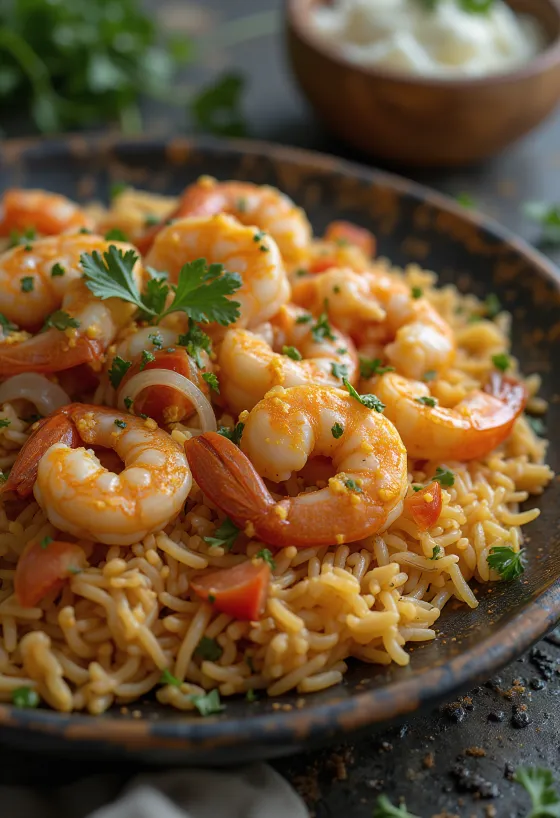 Kabsa garnélával, fűszeres étel rizs és garnéla