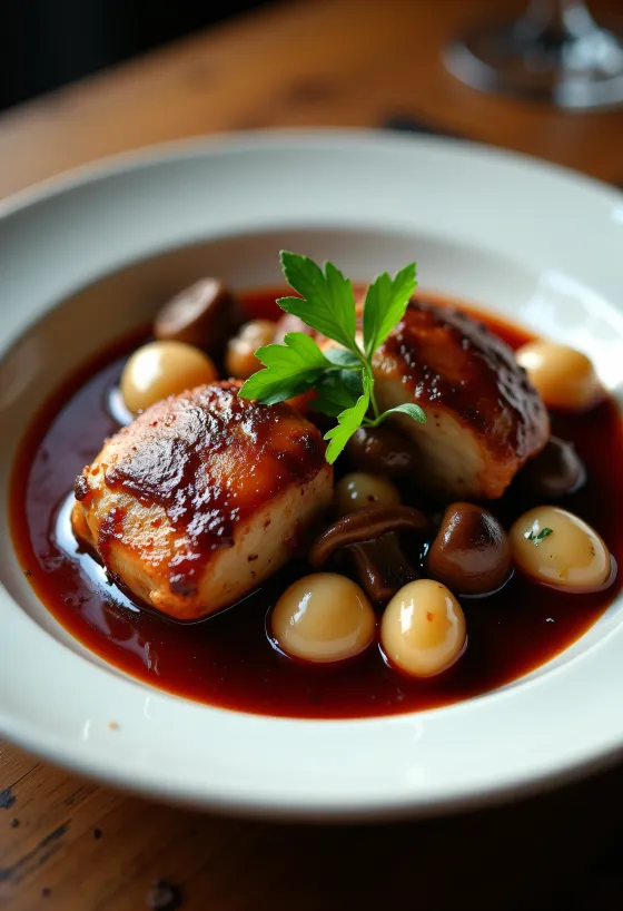 Coq au Vin tálalva
