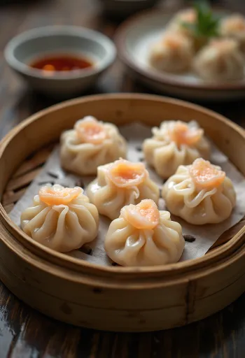 Kínai kristálygombóc (har gow) áttetsző tésztával, tálalva bambuszgőzölőben