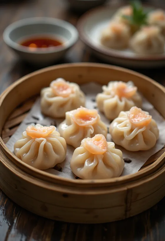 Kínai kristálygombóc (har gow) áttetsző tésztával, tálalva bambuszgőzölőben