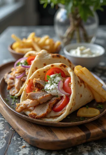 Görög pita gyros sertéshússal, paradicsommal, hagymával, tzatzikivel és sült krumplival tálalva