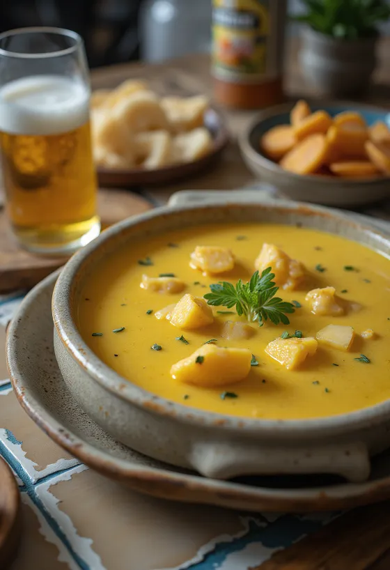 Kókusztejes sörös curry szósz tálalva