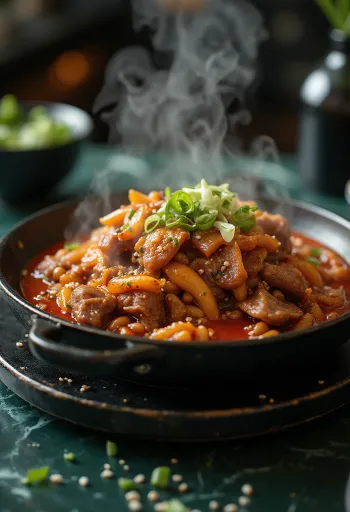 Kongnamul-bulgogi tálalva, sertéshússal és csírával