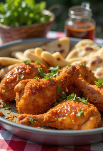 Lahori chargha fűszeres csirke naan kenyérrel tálalva, korianderrel díszítve