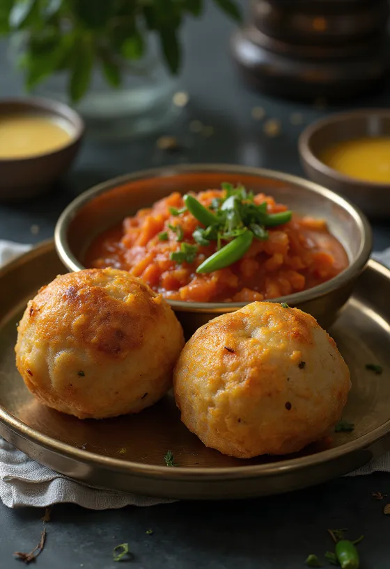 Litti chokha paradicsommal, indiai étel gazdag paradicsomos szósszal