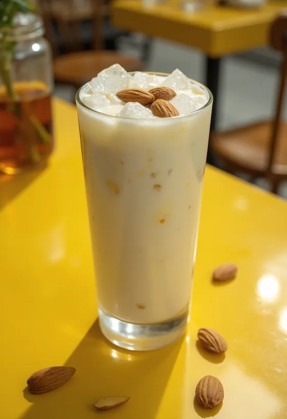 Mandulás lassi pohárban, jégkockákkal és mandulával díszítve