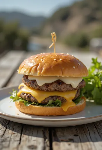 Monterey Jack sajtos hamburger szaftos húspogácsával és olvadt Monterey Jack sajttal