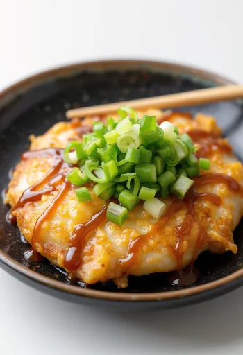 Okonomiyaki újhagymával, egyenletesen sütve, friss káposztával és tavaszi hagymával tálalva