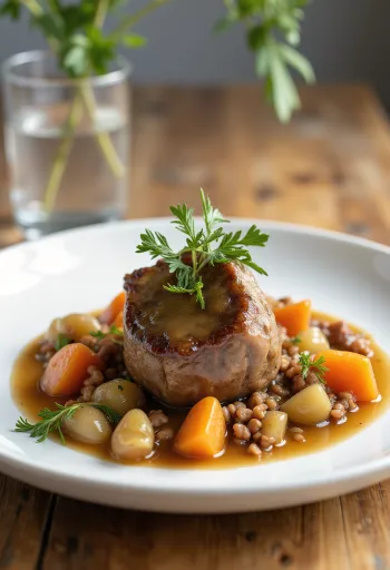 Osso Buco zöldséges raguval tálalva, gazdag ízekkel