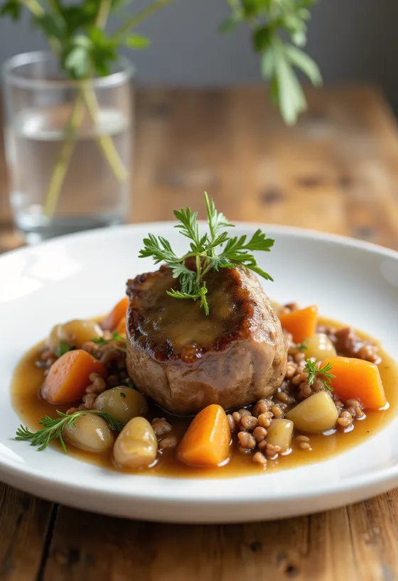 Osso Buco zöldséges raguval tálalva, gazdag ízekkel
