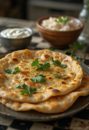 Frissen készült indiai paratha lepénykenyér tálalva
