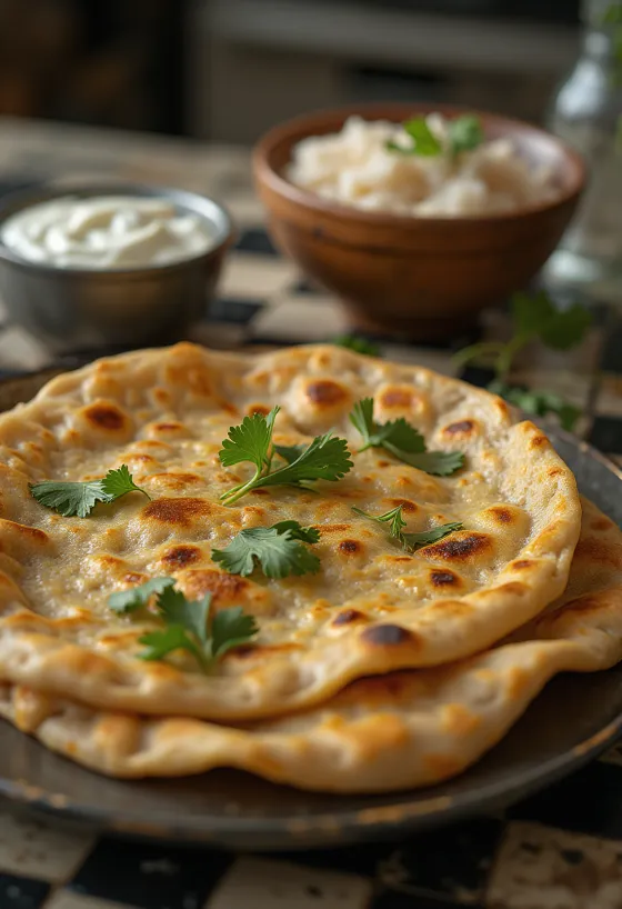 Frissen készült indiai paratha lepénykenyér tálalva