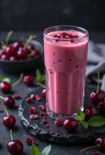 Cseresznyés kefir ital poharakban tálalva, halvány rózsaszínű, krémes ital, cseresznyedarabokkal
