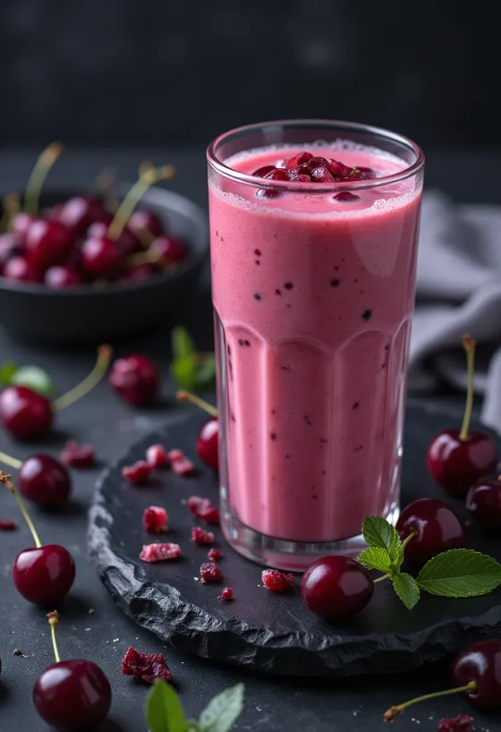 Cseresznyés kefir ital poharakban tálalva, halvány rózsaszínű, krémes ital, cseresznyedarabokkal