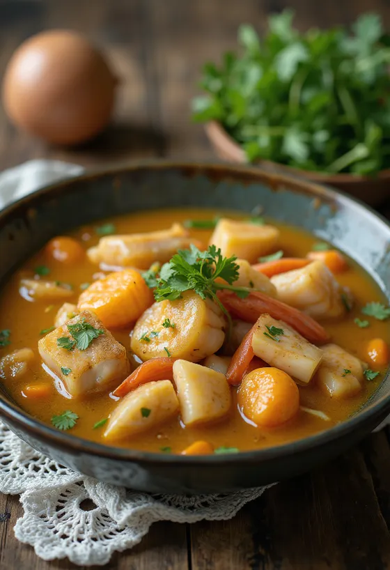 Sancocho de pescado, karibi halleves tenger gyümölcseivel és zöldségekkel tálalva