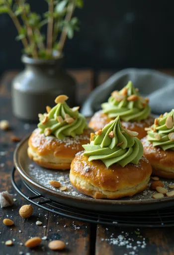 Semlor matcha krémmel tálalva