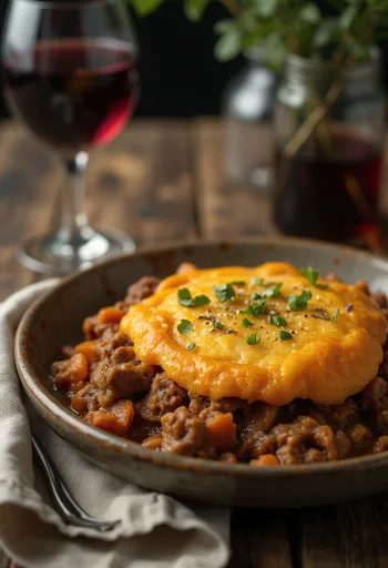 Shepherd’s pie édesburgonyával tálalva, pürésített édesburgonyával a tetején
