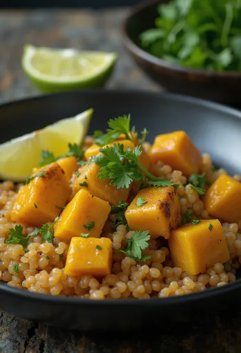 Sütőtök quinoa wok currys tahini tofuval tálalva
