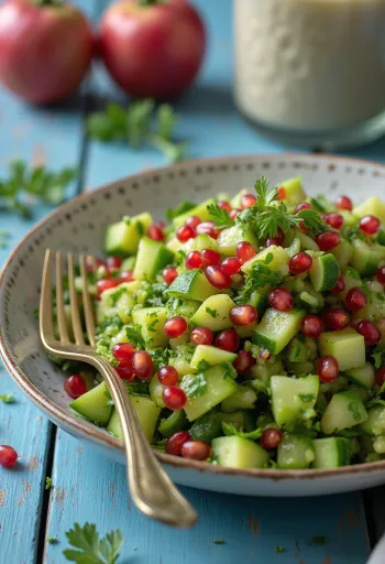 Tabbouleh gránátalmával friss zöldségekkel és bulgurral tálalva