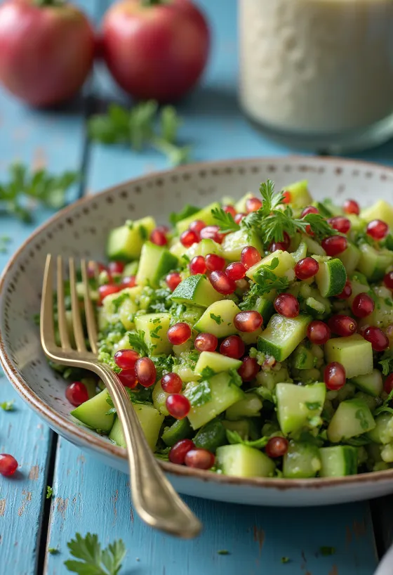 Tabbouleh gránátalmával friss zöldségekkel és bulgurral tálalva