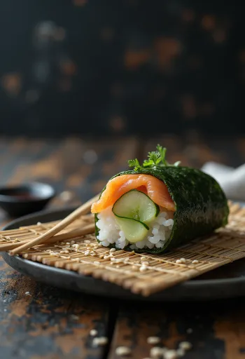 Temaki uborkával, friss hal és szezámmag díszítéssel