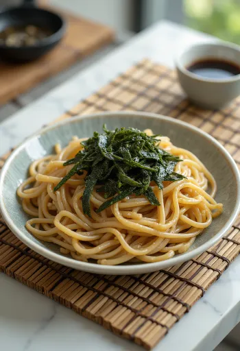 Zaru soba tálalva, friss nori algával és wasabival