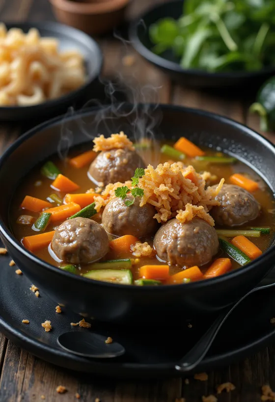 Bakso zöldségekkel, fűszeres húsgolyókkal és friss zöldségekkel tálalva