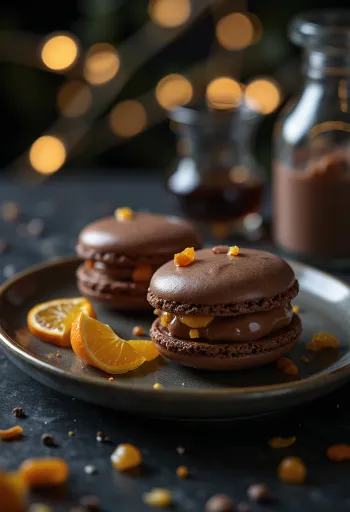 Csokis-marcipános-kandírozott narancsos macaronok tálalva