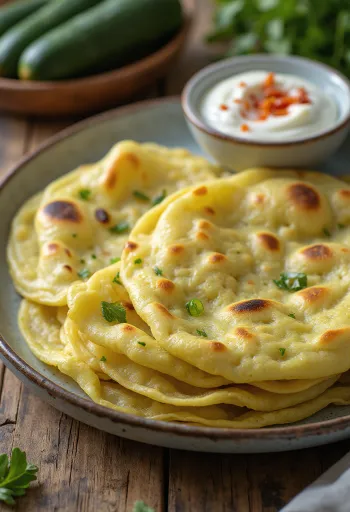 Doodhi thepla, reszelt zucchini és fűszerekkel tálalva, melegen
