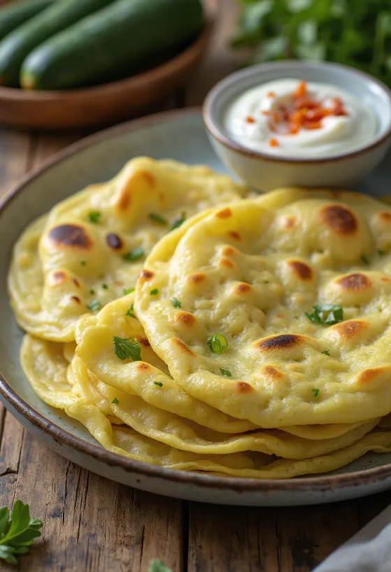 Doodhi thepla, reszelt zucchini és fűszerekkel tálalva, melegen