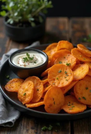 Édesburgonya chips fűszeres szósszal tálalva