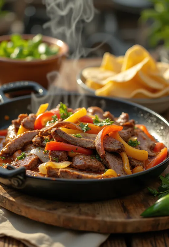 Fajita steakkel tálalva friss korianderrel és guacamoléval