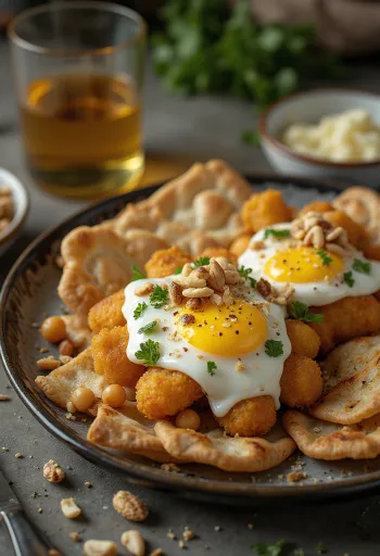 Fatteh padlizsánnal, pirított pita darabokkal, csicseriborsóval, tahinis joghurttal és pörkölt fenyőmaggal.