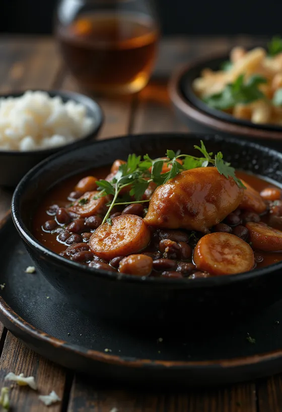 Feijoada füstölt csirkével, tálalva