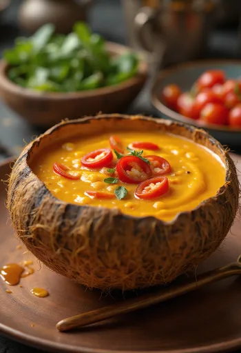 Fűszeres chili kókusztej szósz egy tálban, friss korianderrel és chili szeletekkel.