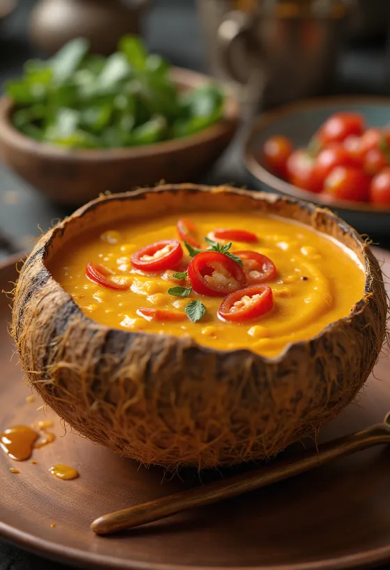 Fűszeres chili kókusztej szósz egy tálban, friss korianderrel és chili szeletekkel.