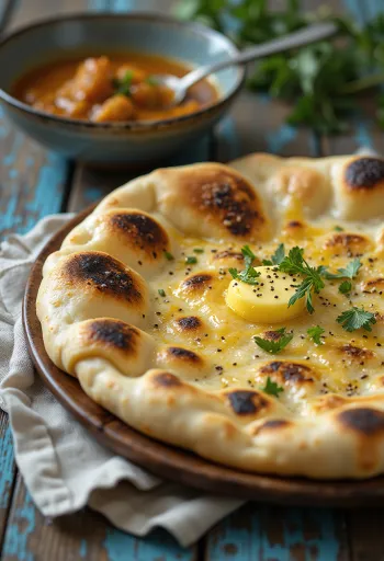 Fűszeres naan köménymaggal, friss korianderrel díszítve, indiai étel