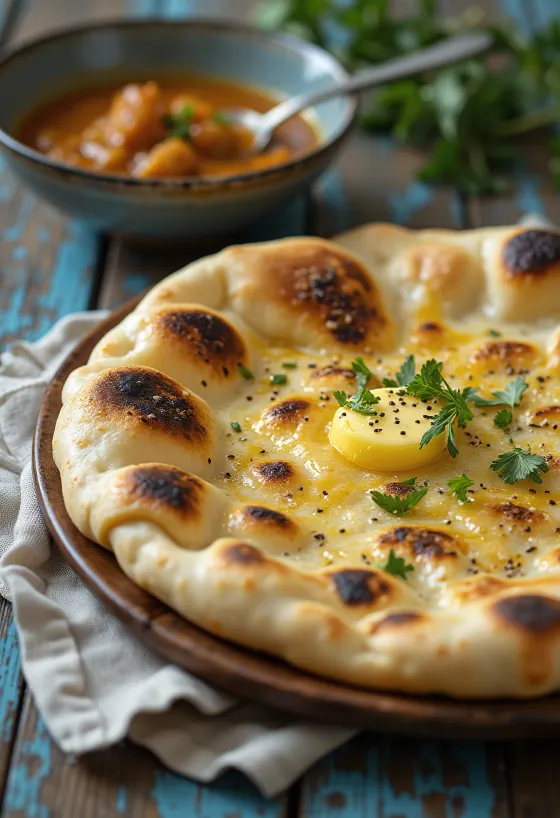 Fűszeres naan köménymaggal, friss korianderrel díszítve, indiai étel