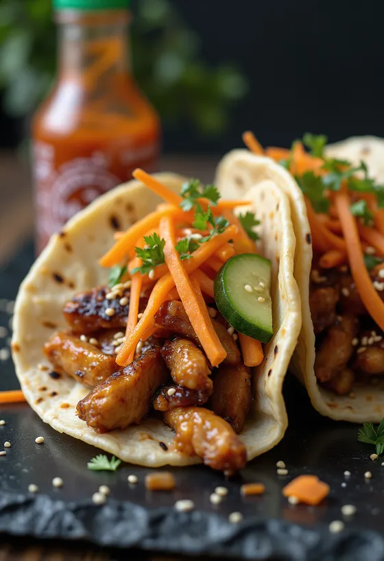 Fúziós taco teriyaki csirkével, pácolt zöldségekkel és csípős majonézzel