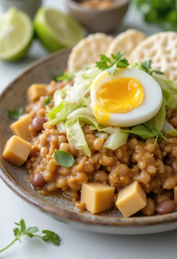 Gado-gado rizskeksszel, friss zöldségekkel, tofuból és földimogyoróval tálalva