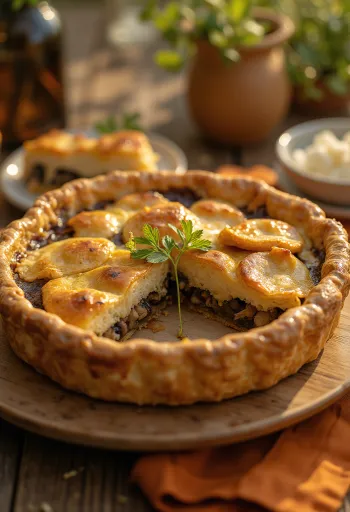 Krémes gombás vegán pite szeletekre vágva